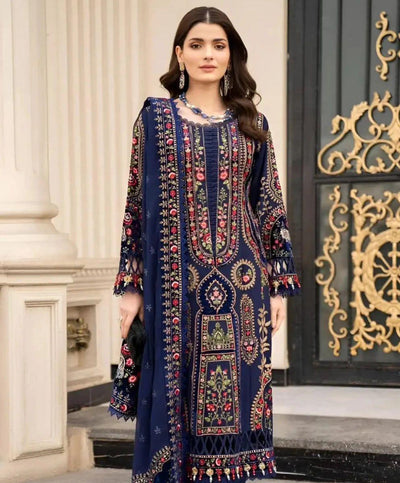 3 Pcs Women’s Unstitched Embroidered Suit – Blue Fashion Insta