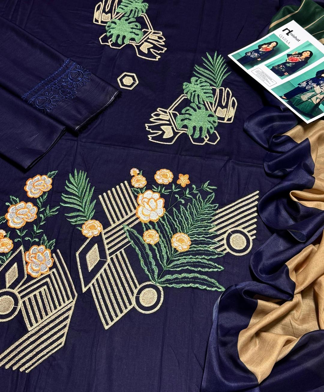 3-Piece Women’s Unstitched Embroidered Lawn Suit – Blue Edition Fashion Insta