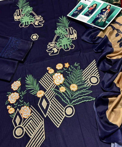 3-Piece Women’s Unstitched Embroidered Lawn Suit – Blue Edition Fashion Insta