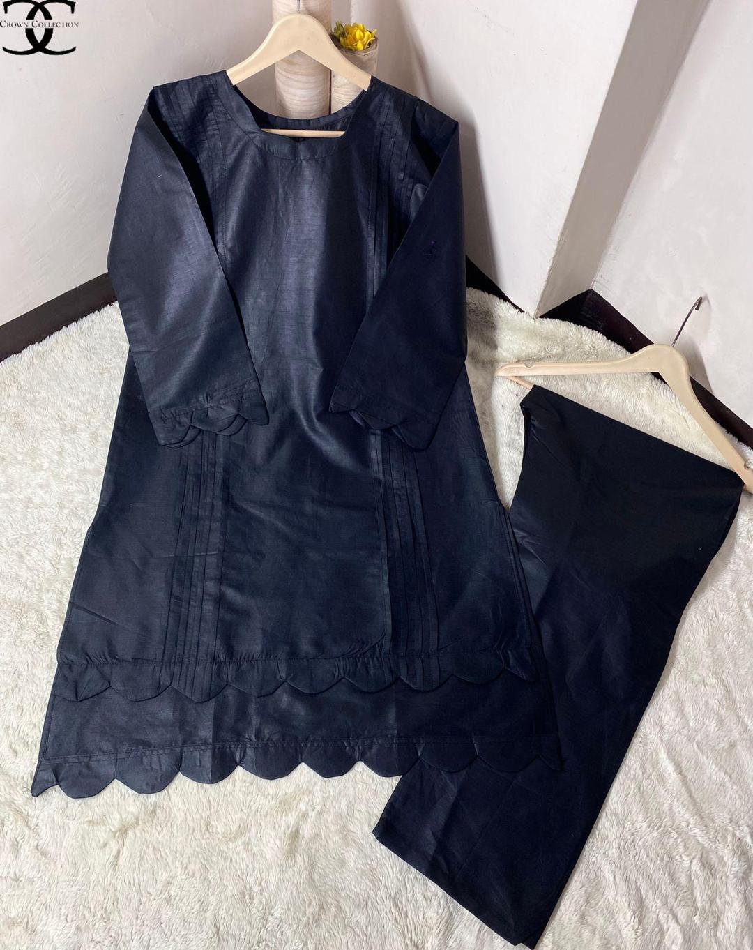 Elegant Women's 2-Pcs Stitched Cotton Plain Shirt & Trouser Set – Black Fashion Insta