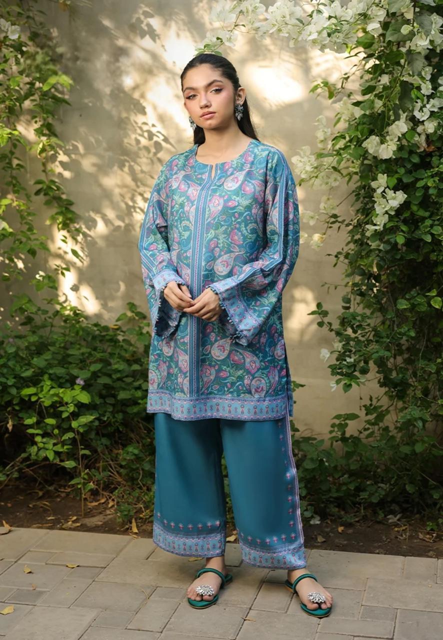 2 Pcs Women’s Stitched Swiss Lawn Shirt & Trouser Fashion Insta
