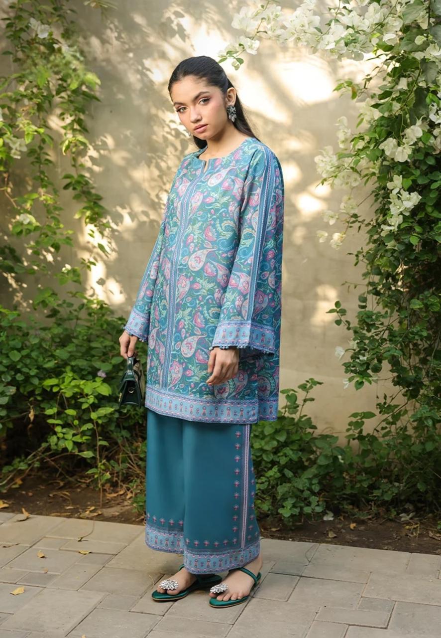 2 Pcs Women’s Stitched Swiss Lawn Shirt & Trouser Fashion Insta