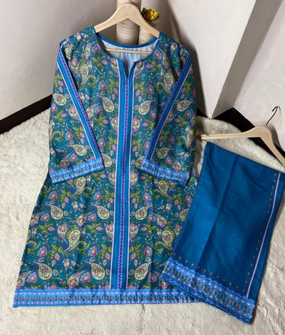 2 Pcs Women’s Stitched Swiss Lawn Shirt & Trouser Fashion Insta