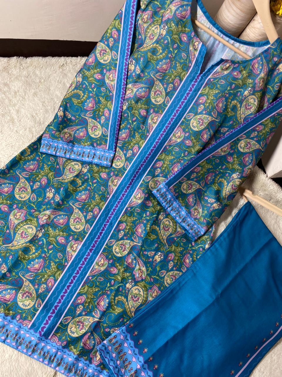 2 Pcs Women’s Stitched Swiss Lawn Shirt & Trouser Fashion Insta