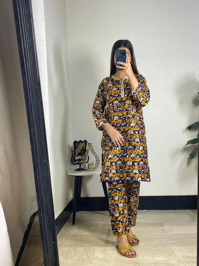2 Pcs Women's Stitched Lawn Printed Shirt & Trouser Set – Mustard Fashion Insta