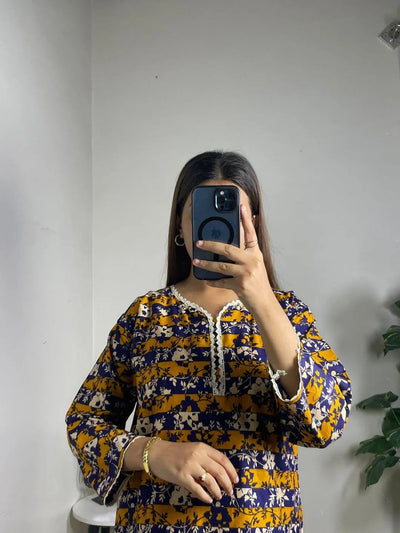 2 Pcs Women's Stitched Lawn Printed Shirt & Trouser Set – Mustard Fashion Insta