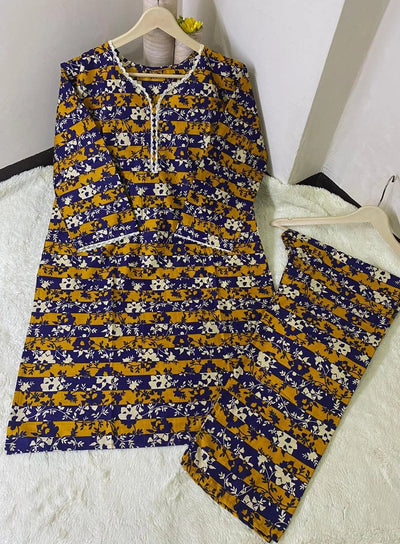2 Pcs Women's Stitched Lawn Printed Shirt & Trouser Set – Mustard Fashion Insta