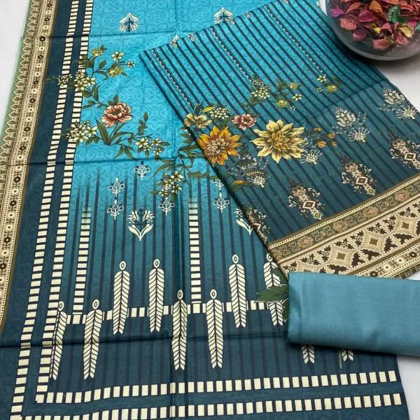 3-Piece Women’s Unstitched Digital Print Linen Suit Fashion Insta