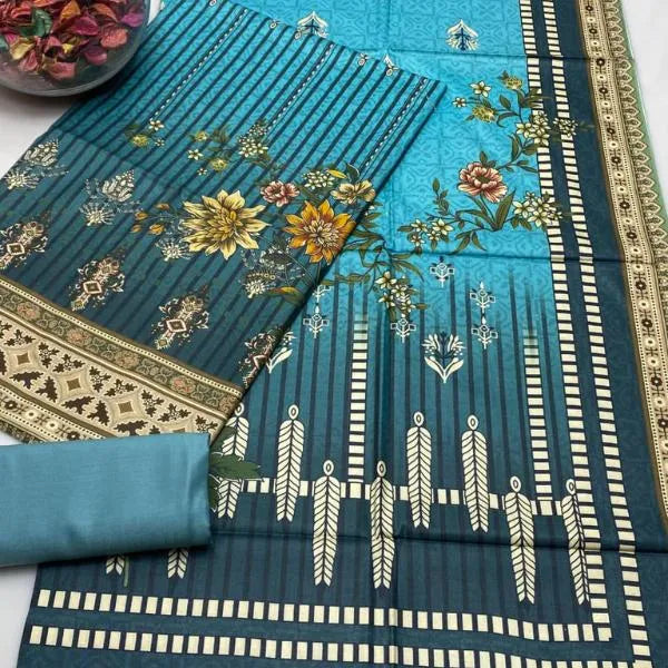 3-Piece Women’s Unstitched Digital Print Linen Suit Fashion Insta