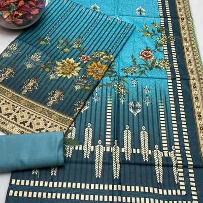 3-Piece Women’s Unstitched Digital Print Linen Suit Fashion Insta