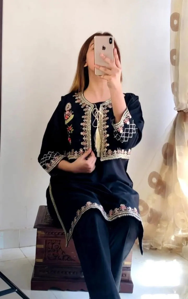 🖤 2 Pcs Women's Stitched Linen Embroidered Suit Fashion Insta