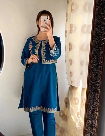 2 Pcs Women's Stitched Linen Embroidered Suit Fashion Insta