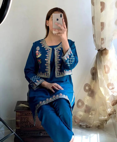 2 Pcs Women's Stitched Linen Embroidered Suit Fashion Insta